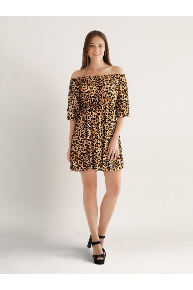 Leopard Print Flounce shoulder off A line Dress Size S C3315 Khaki